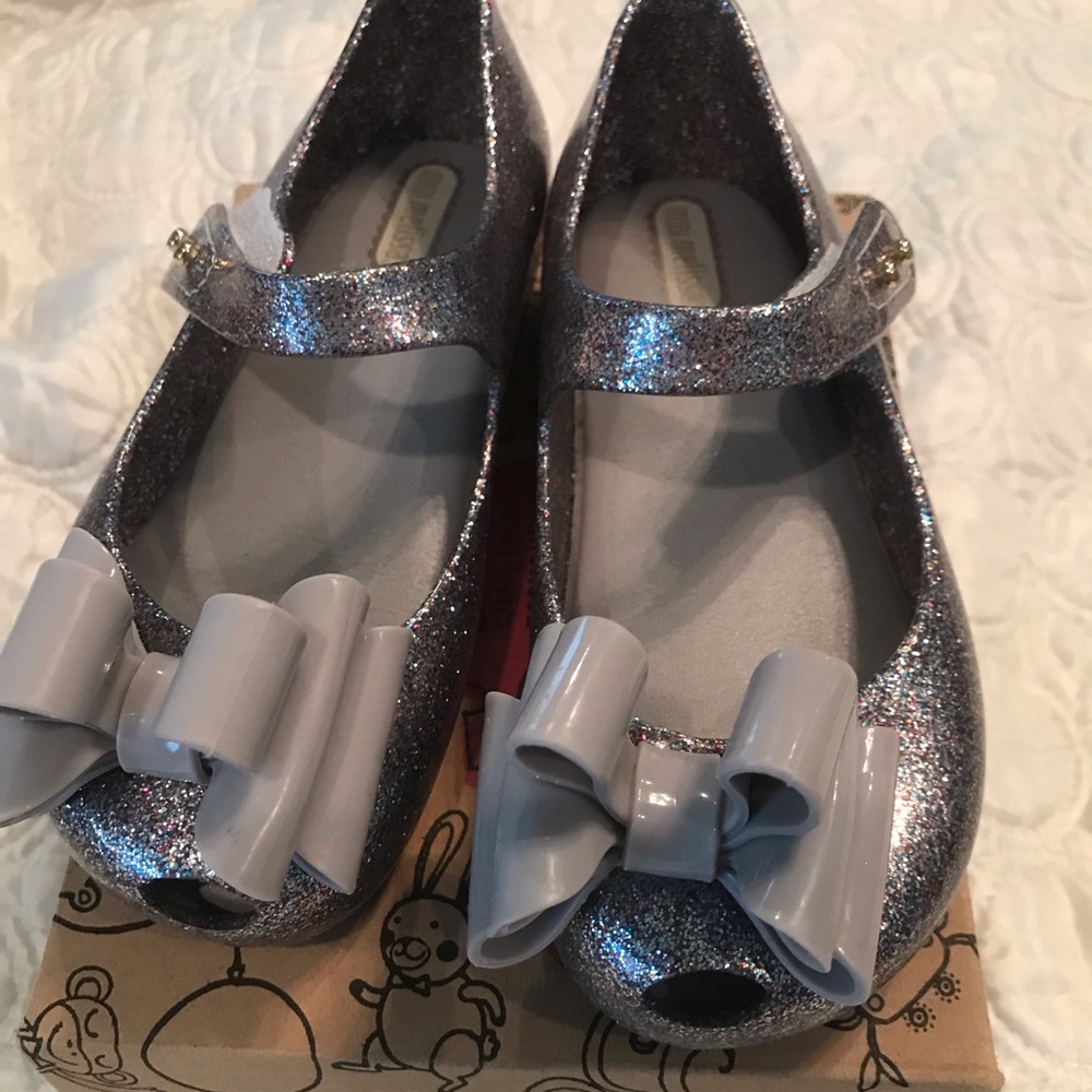 EUC mini melissa Sz 10 silver glitter shoes